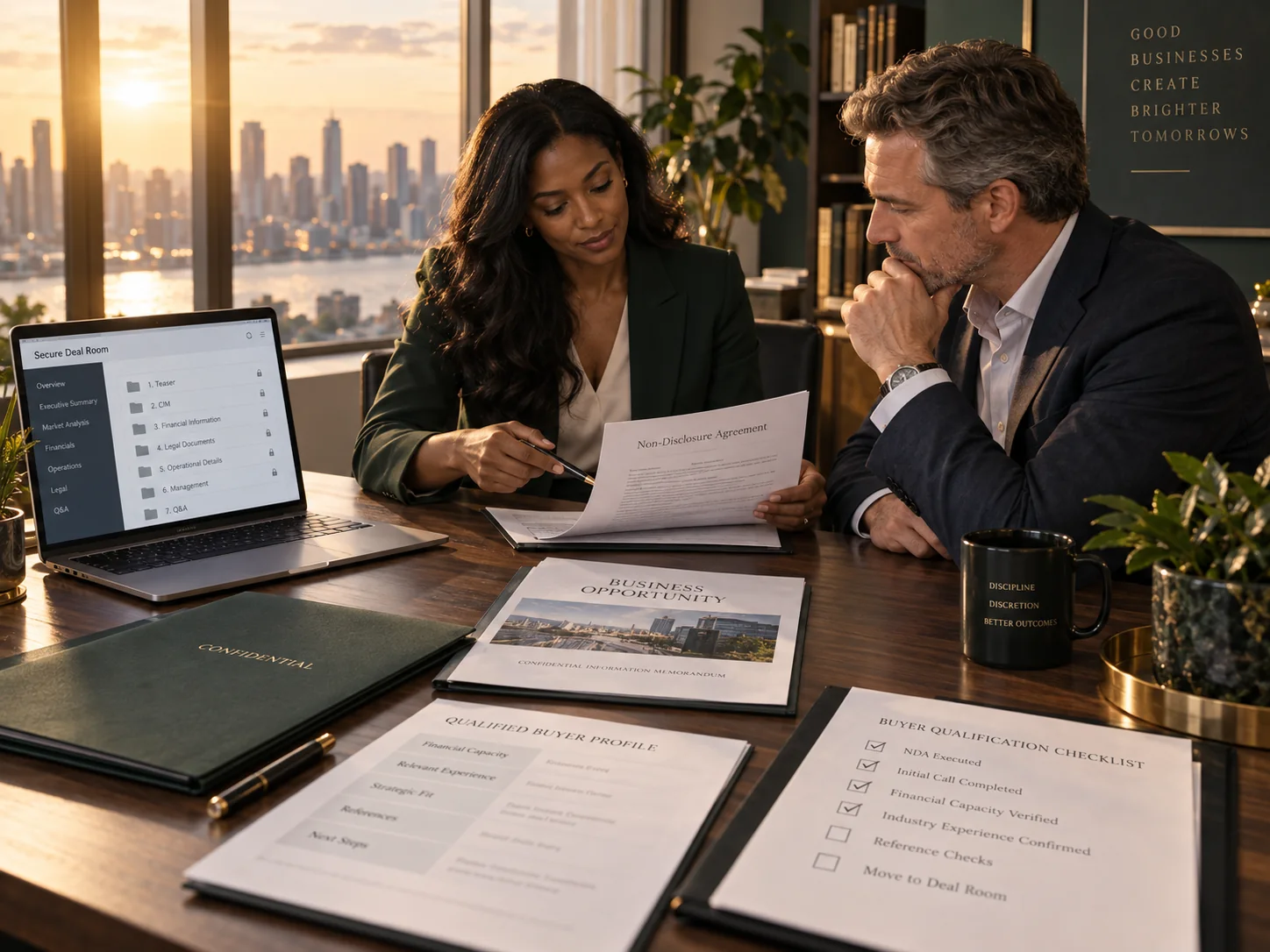 Business advisor and client reviewing confidential transaction information