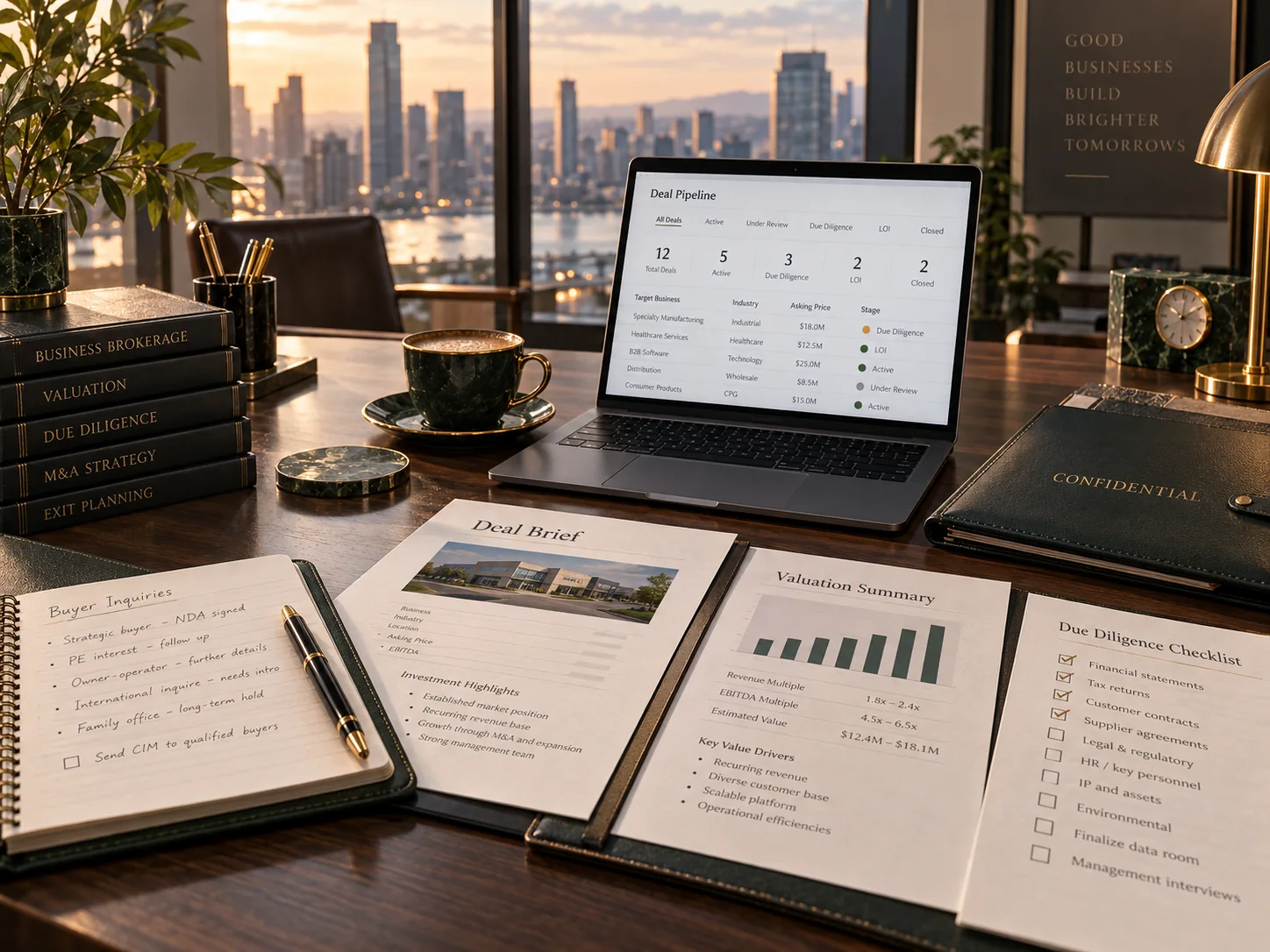 Business brokerage deal resources including valuation summary, due diligence checklist and active deal pipeline