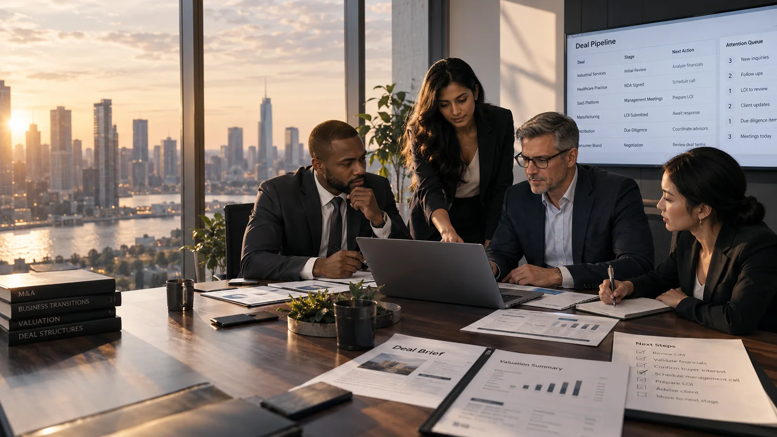 Diverse business advisory team reviewing an active deal pipeline in a modern office